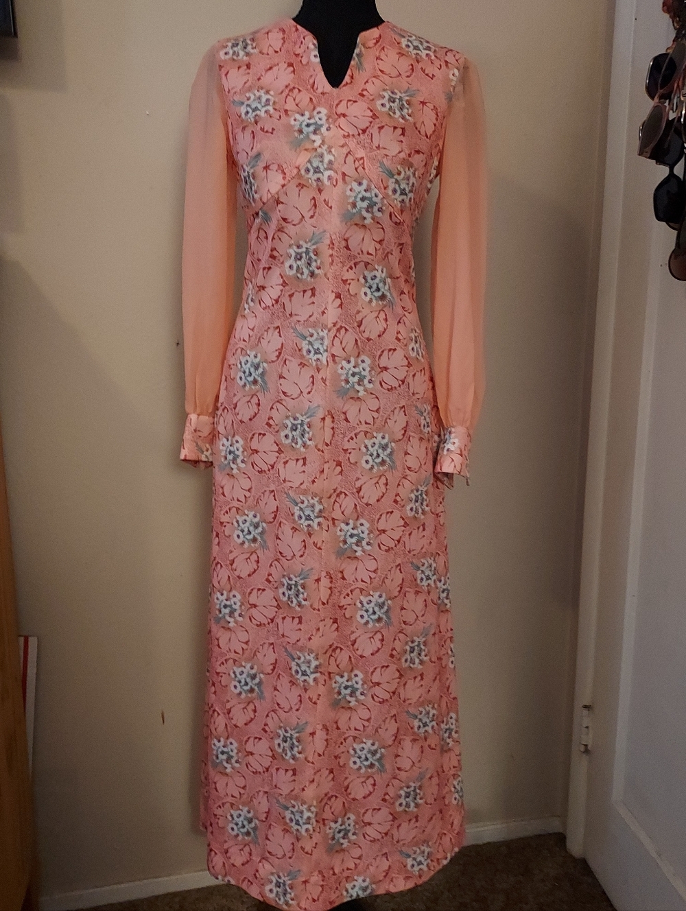 Vintage 70s Peach Floral Maxi Dress | Bishop Sleeves & Hand-Covered Buttons